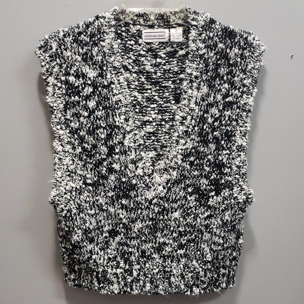 Stepping Stones Vintage Black and White Cropped Boucle Knit Sweater Vest